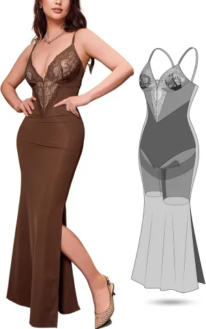 Women's Summer Built-in Bra and Shapewear Bodycon Sexy Maxi Dress with Lace Deep V-Neck and Spaghetti Straps