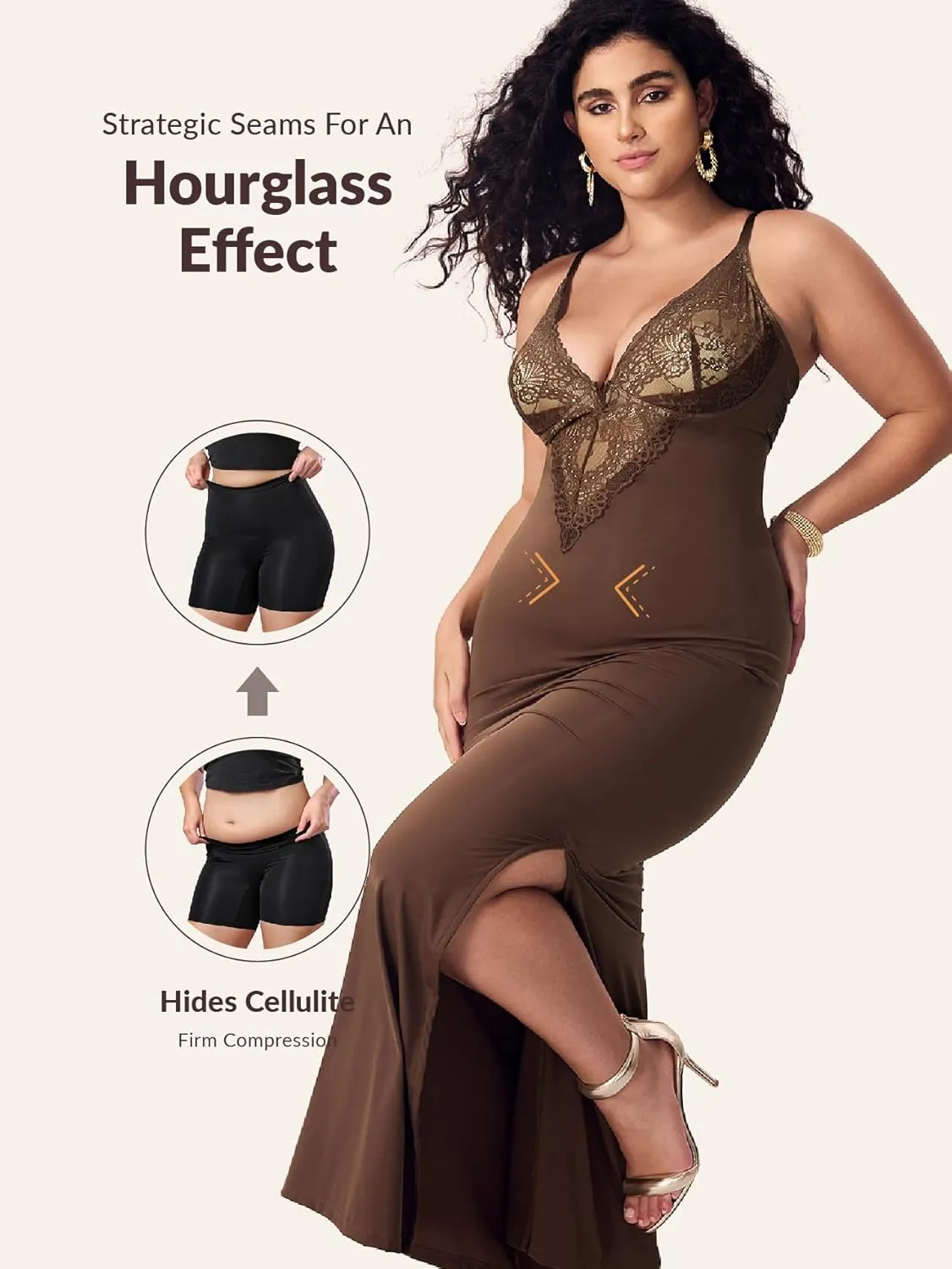 Women's Summer Built-in Bra and Shapewear Bodycon Sexy Maxi Dress with Lace Deep V-Neck and Spaghetti Straps