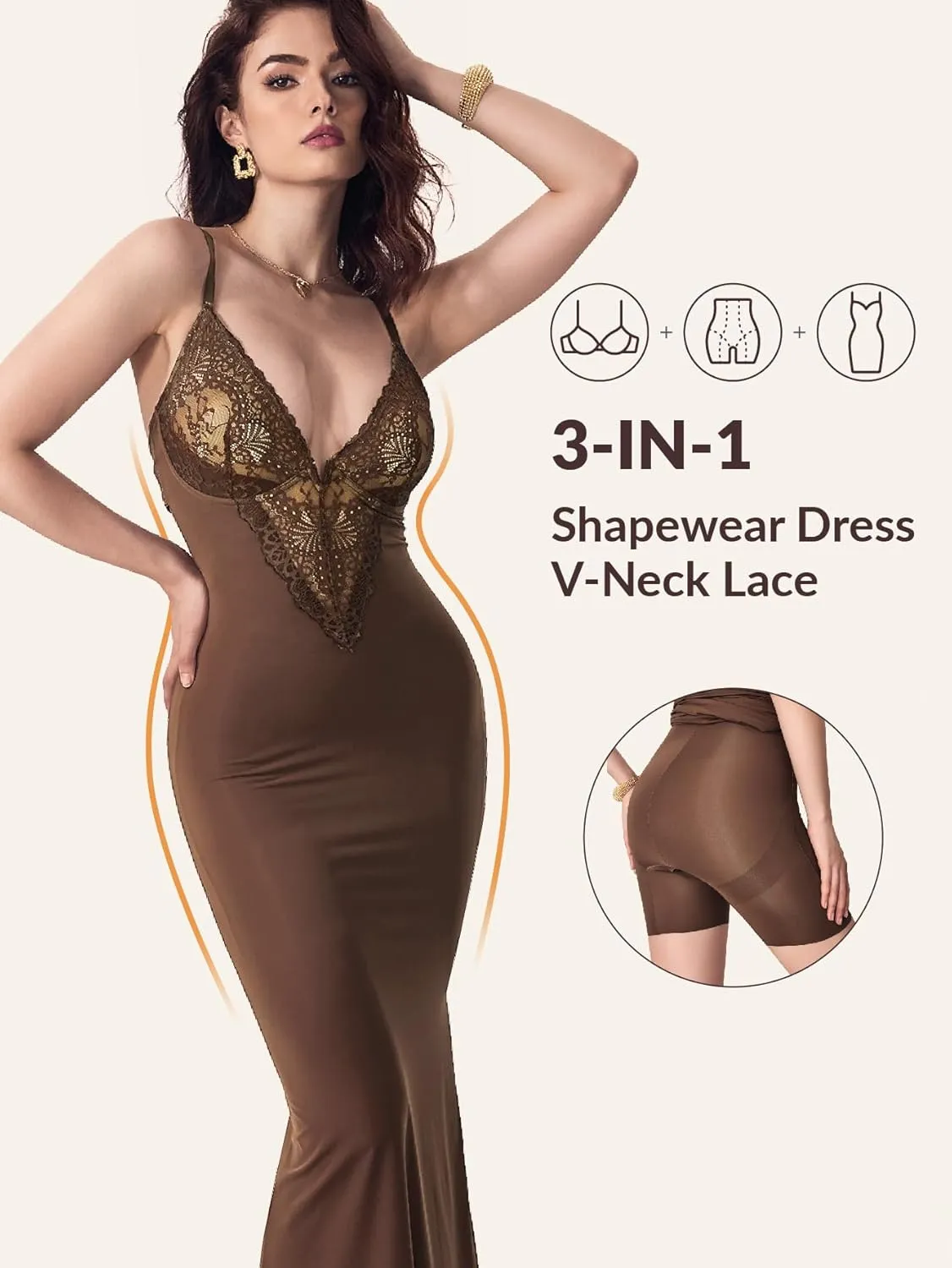 Women's Summer Built-in Bra and Shapewear Bodycon Sexy Maxi Dress with Lace Deep V-Neck and Spaghetti Straps