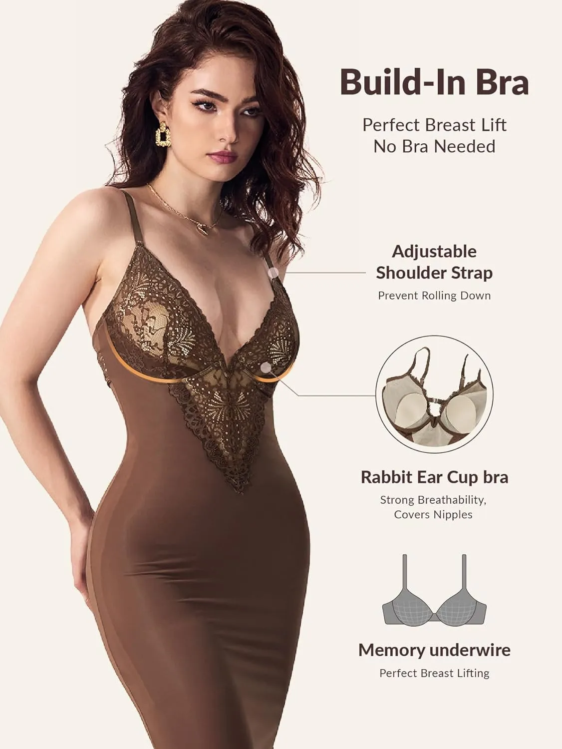 Women's Summer Built-in Bra and Shapewear Bodycon Sexy Maxi Dress with Lace Deep V-Neck and Spaghetti Straps