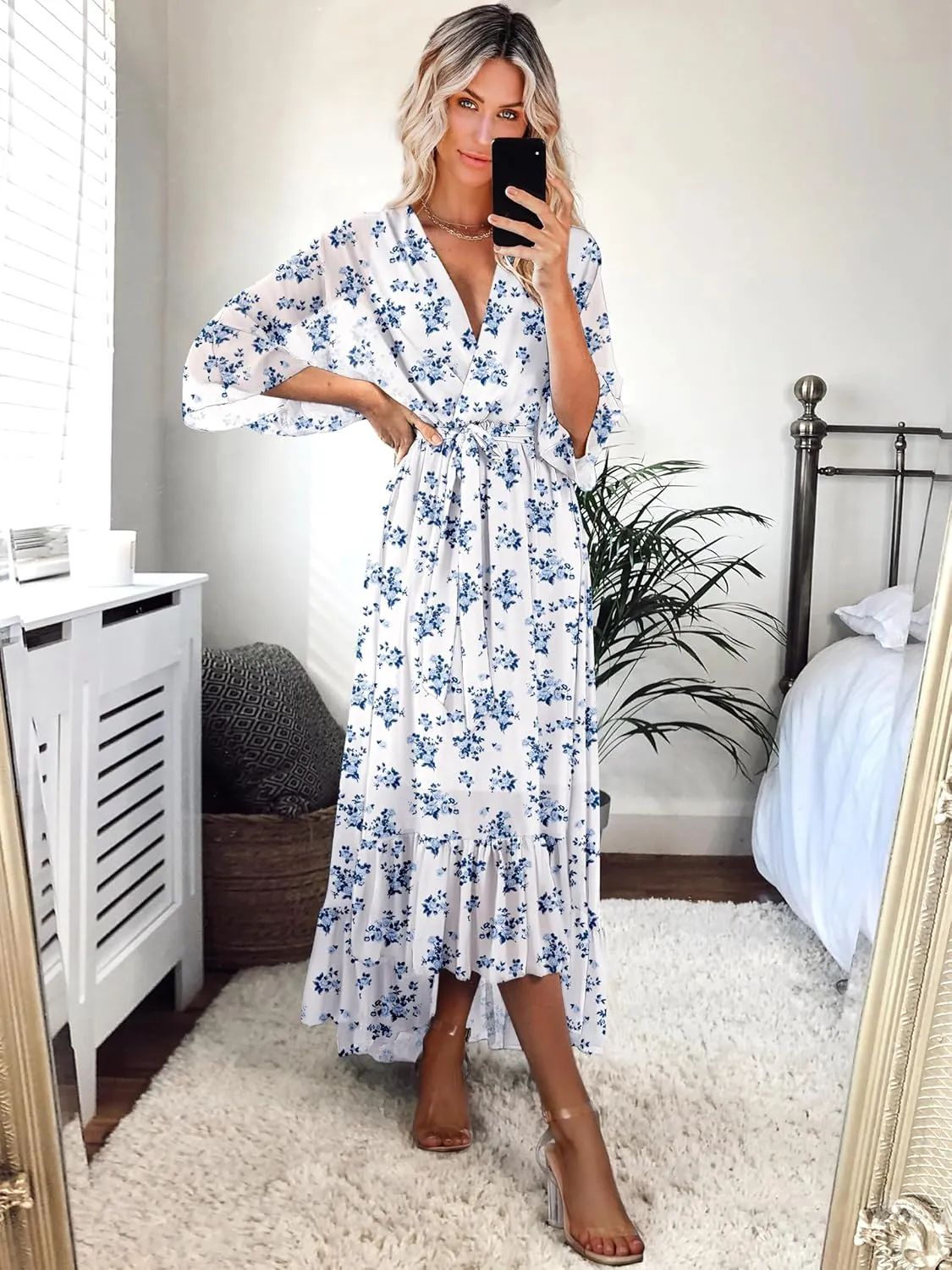 Women's Summer Floral Boho Dress 3/4 Sleeve Wrap V Neck Flowy Casual Loose Wedding Guest Long Maxi Ruffle Dresses
