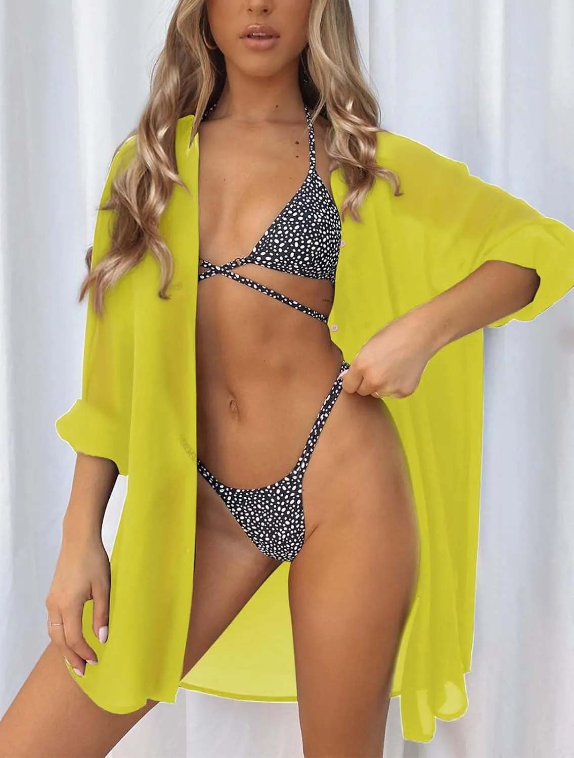 Women's Swimsuit Beach Cover Up Loose V-Neck Button Down Bikini Bathing Suit