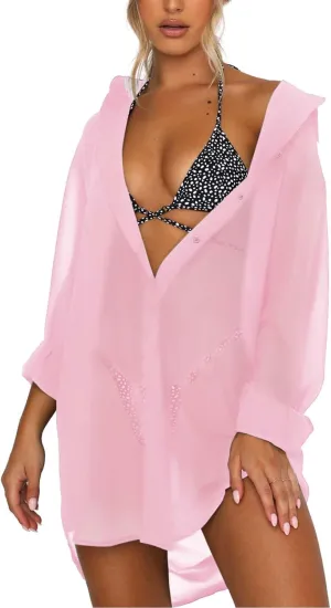 Women's Swimsuit Beach Cover Up Loose V-Neck Button Down Bikini Bathing Suit