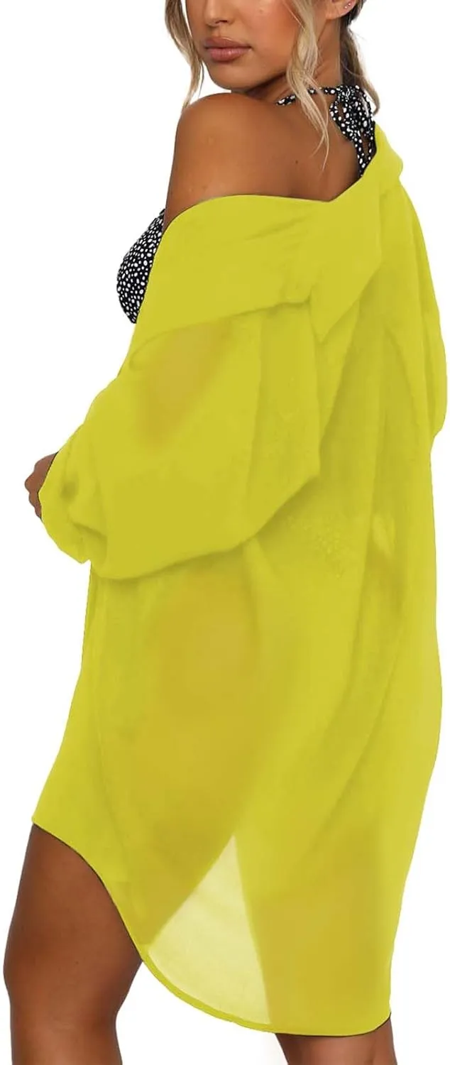 Women's Swimsuit Beach Cover Up Loose V-Neck Button Down Bikini Bathing Suit