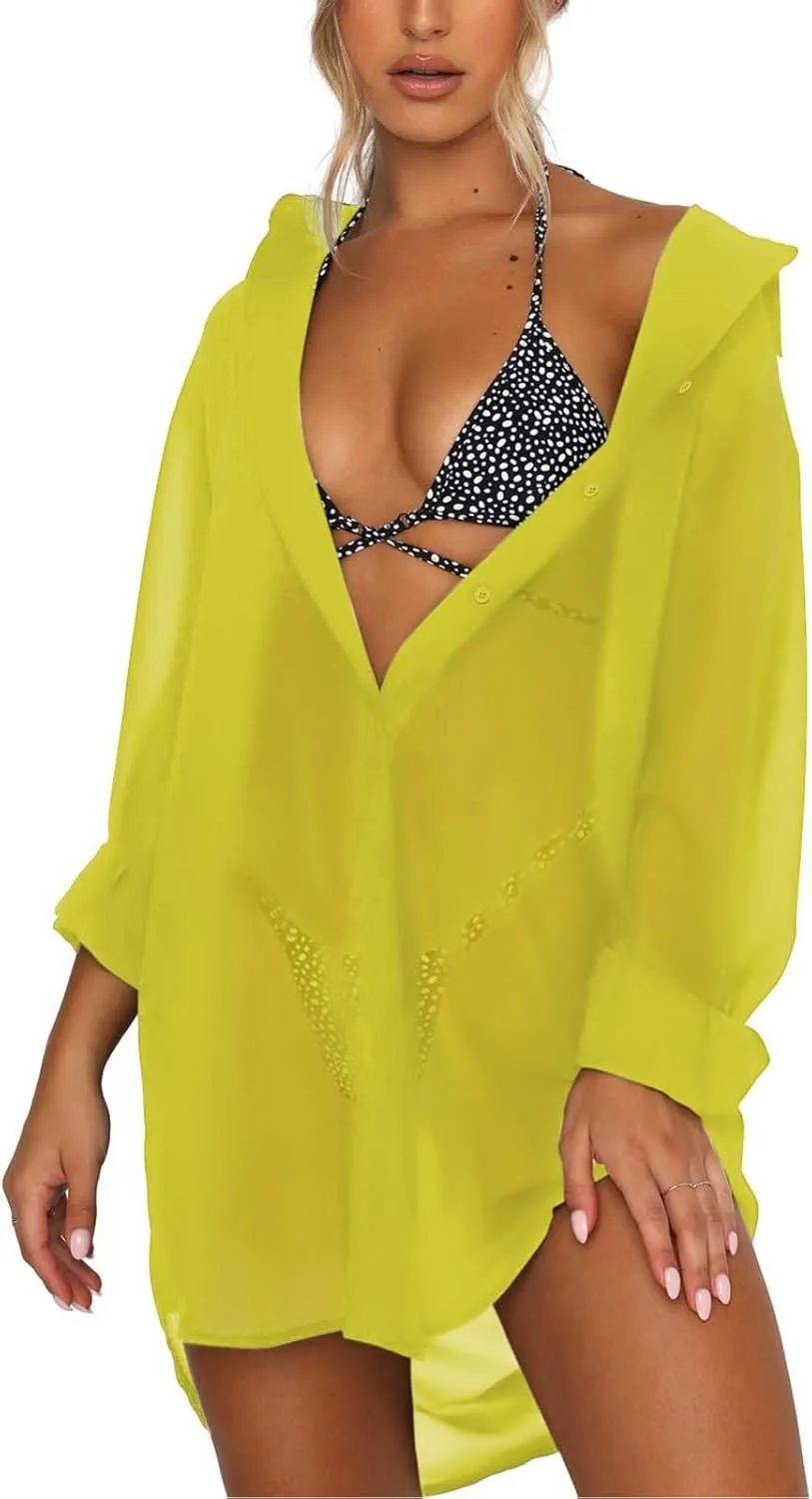 Women's Swimsuit Beach Cover Up Loose V-Neck Button Down Bikini Bathing Suit