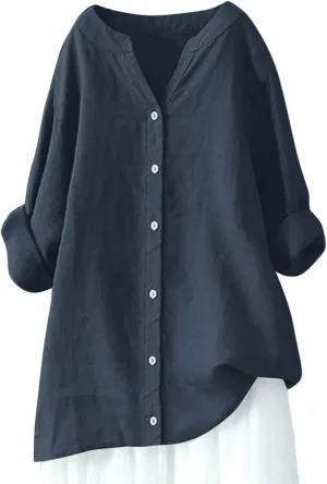 Womens Tops 2025 Long Sleeve Oversized Button Down Blouse Tops Cotton Linen Tunic Tees Airplane Travel Outfits