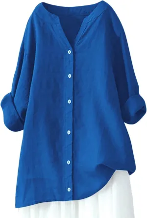 Womens Tops 2025 Long Sleeve Oversized Button Down Blouse Tops Cotton Linen Tunic Tees Airplane Travel Outfits