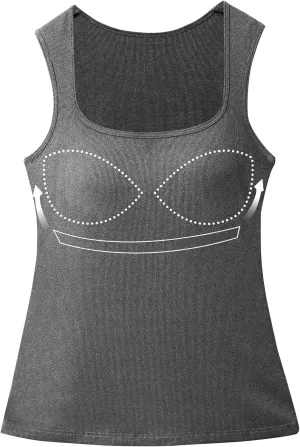 Womne Ribbed Tank Top with Sewn in Built in Bra Cup Sleevless Form Fitting Push Up Padded Bra Cami Shirt Basic Knit Tee S-3XL
