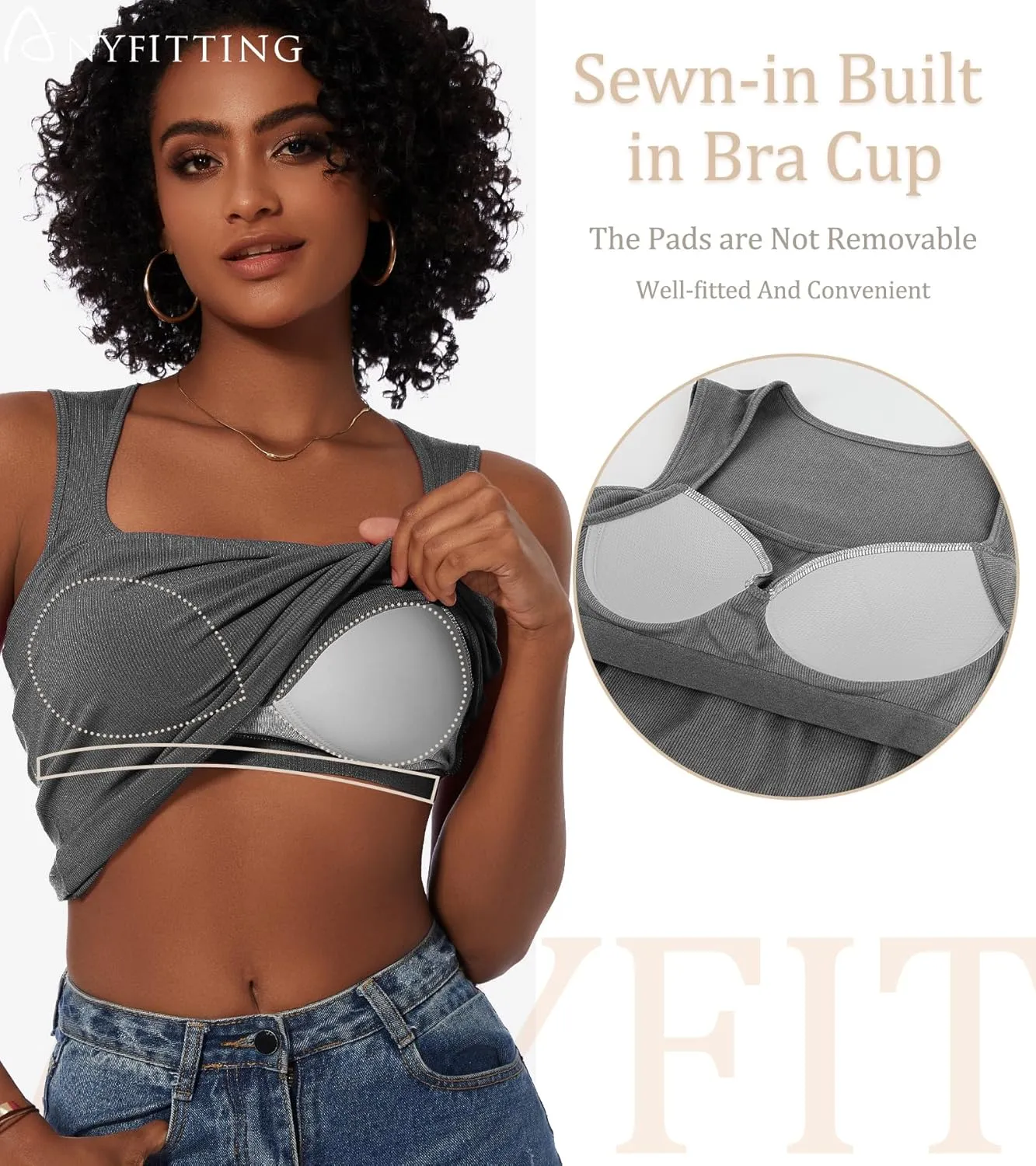 Womne Ribbed Tank Top with Sewn in Built in Bra Cup Sleevless Form Fitting Push Up Padded Bra Cami Shirt Basic Knit Tee S-3XL