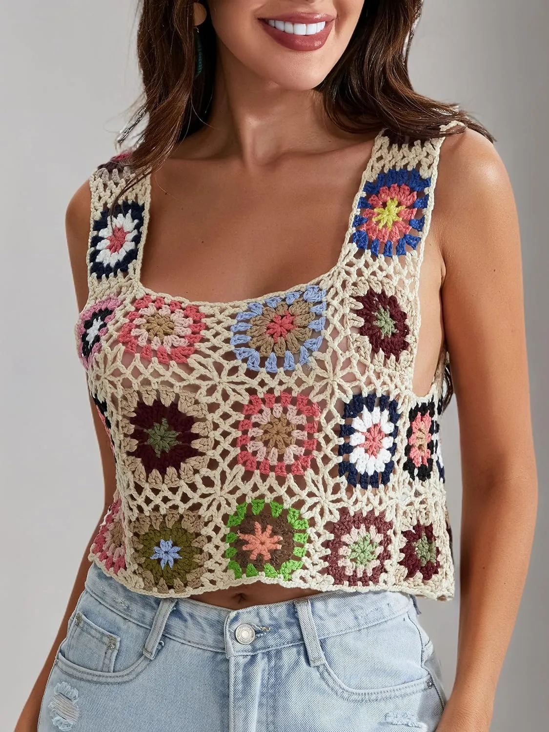 X-Small Size & Small Size Womens Crochet Tank Top Knit Colorful Floral Embroidery Summer Boho Camisole Hollow Out Top