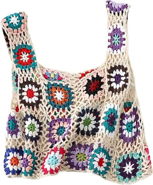 X-Small Size & Small Size Womens Crochet Tank Top Knit Colorful Floral Embroidery Summer Boho Camisole Hollow Out Top