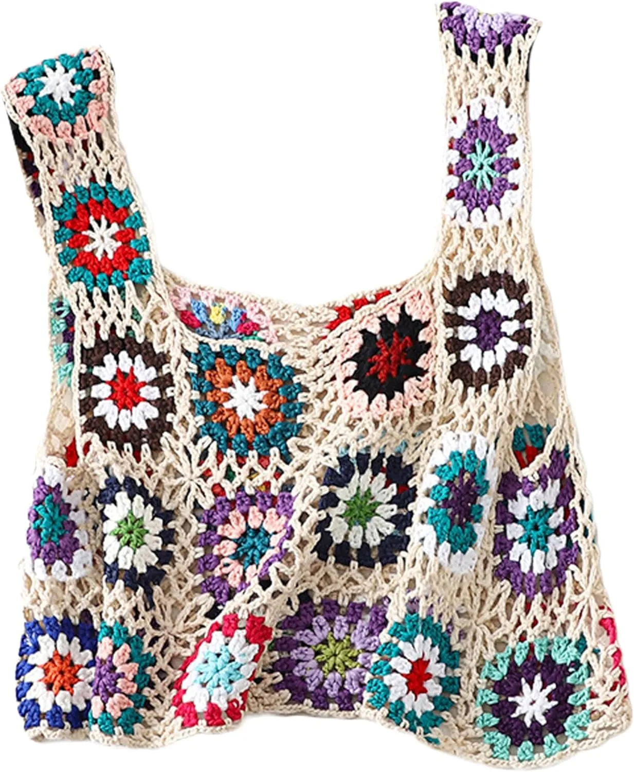 X-Small Size & Small Size Womens Crochet Tank Top Knit Colorful Floral Embroidery Summer Boho Camisole Hollow Out Top