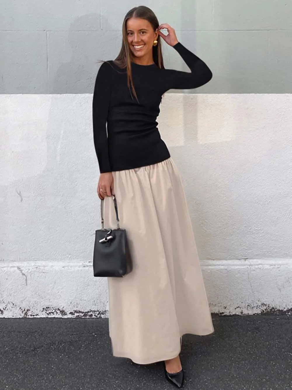 YOXUA Women's Long Sleeve Patchwork A-Line Long Maxi Dress Fall Winter Beach Maxi Dress