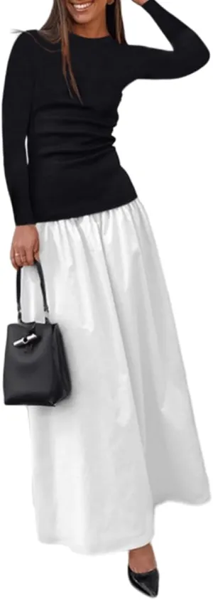 YOXUA Women's Long Sleeve Patchwork A-Line Long Maxi Dress Fall Winter Beach Maxi Dress