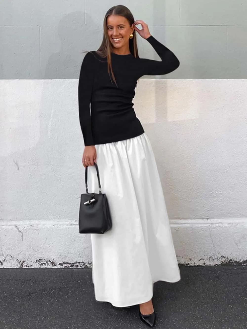 YOXUA Women's Long Sleeve Patchwork A-Line Long Maxi Dress Fall Winter Beach Maxi Dress