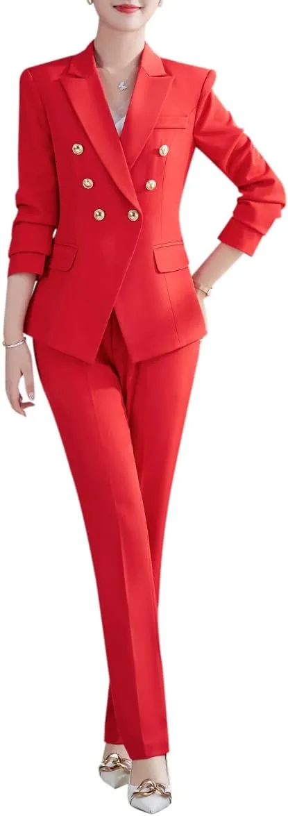 YYNUDA Women's Business Suit Set Double Breasted 2 Piece Office Work Blazer Pantsuit