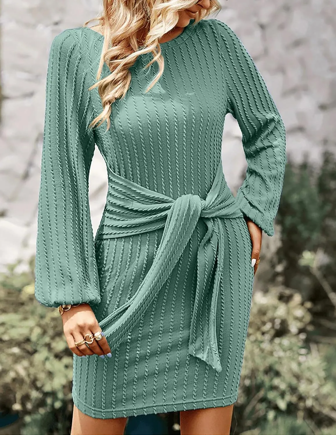 Zeagoo Women's Casual Knit Dress Fall Long Sleeve Bodycon Dress Crewneck Tie Waist Rib Knitted Sweater Dresses