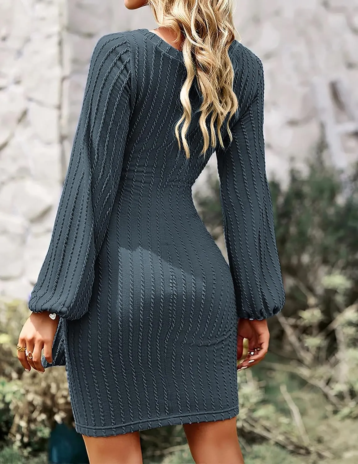 Zeagoo Women's Casual Knit Dress Fall Long Sleeve Bodycon Dress Crewneck Tie Waist Rib Knitted Sweater Dresses