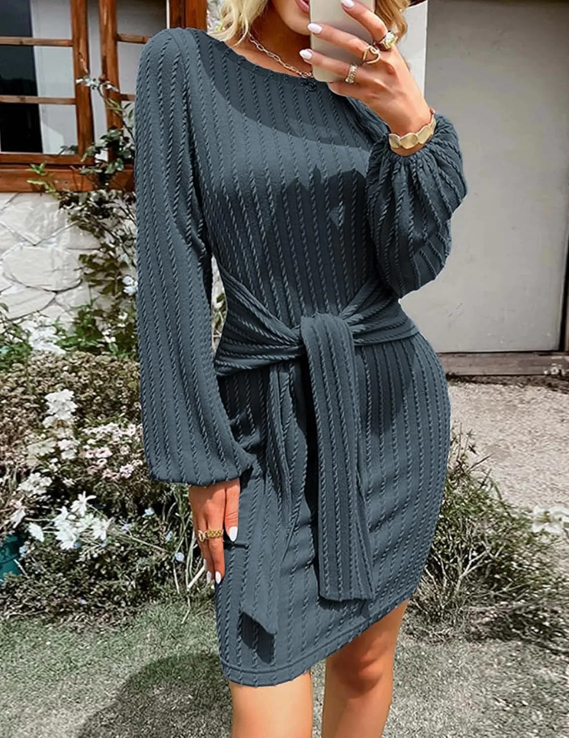 Zeagoo Women's Casual Knit Dress Fall Long Sleeve Bodycon Dress Crewneck Tie Waist Rib Knitted Sweater Dresses