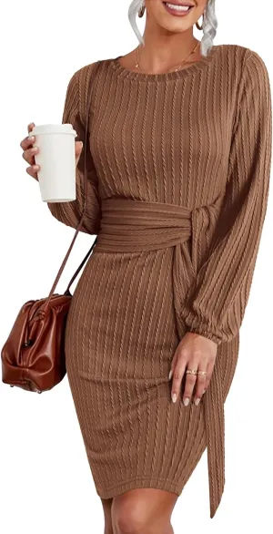 Zeagoo Women's Casual Knit Dress Fall Long Sleeve Bodycon Dress Crewneck Tie Waist Rib Knitted Sweater Dresses