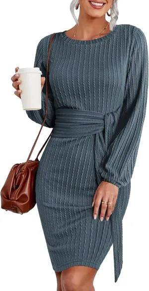 Zeagoo Women's Casual Knit Dress Fall Long Sleeve Bodycon Dress Crewneck Tie Waist Rib Knitted Sweater Dresses