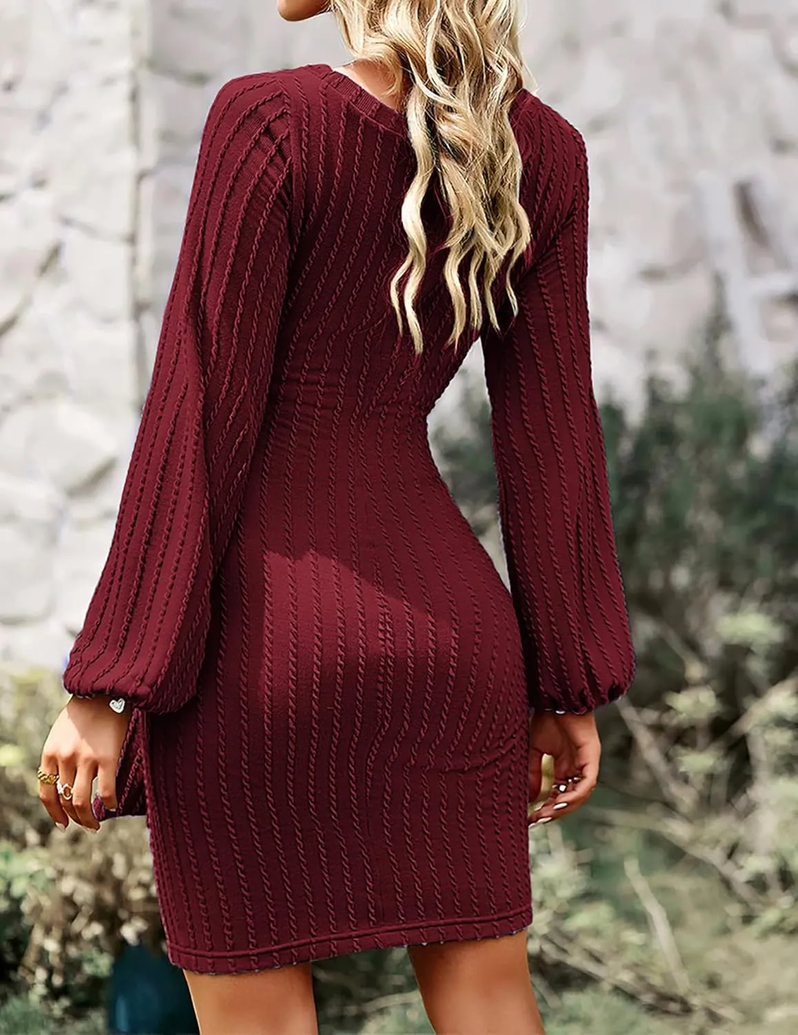 Zeagoo Women's Casual Knit Dress Fall Long Sleeve Bodycon Dress Crewneck Tie Waist Rib Knitted Sweater Dresses