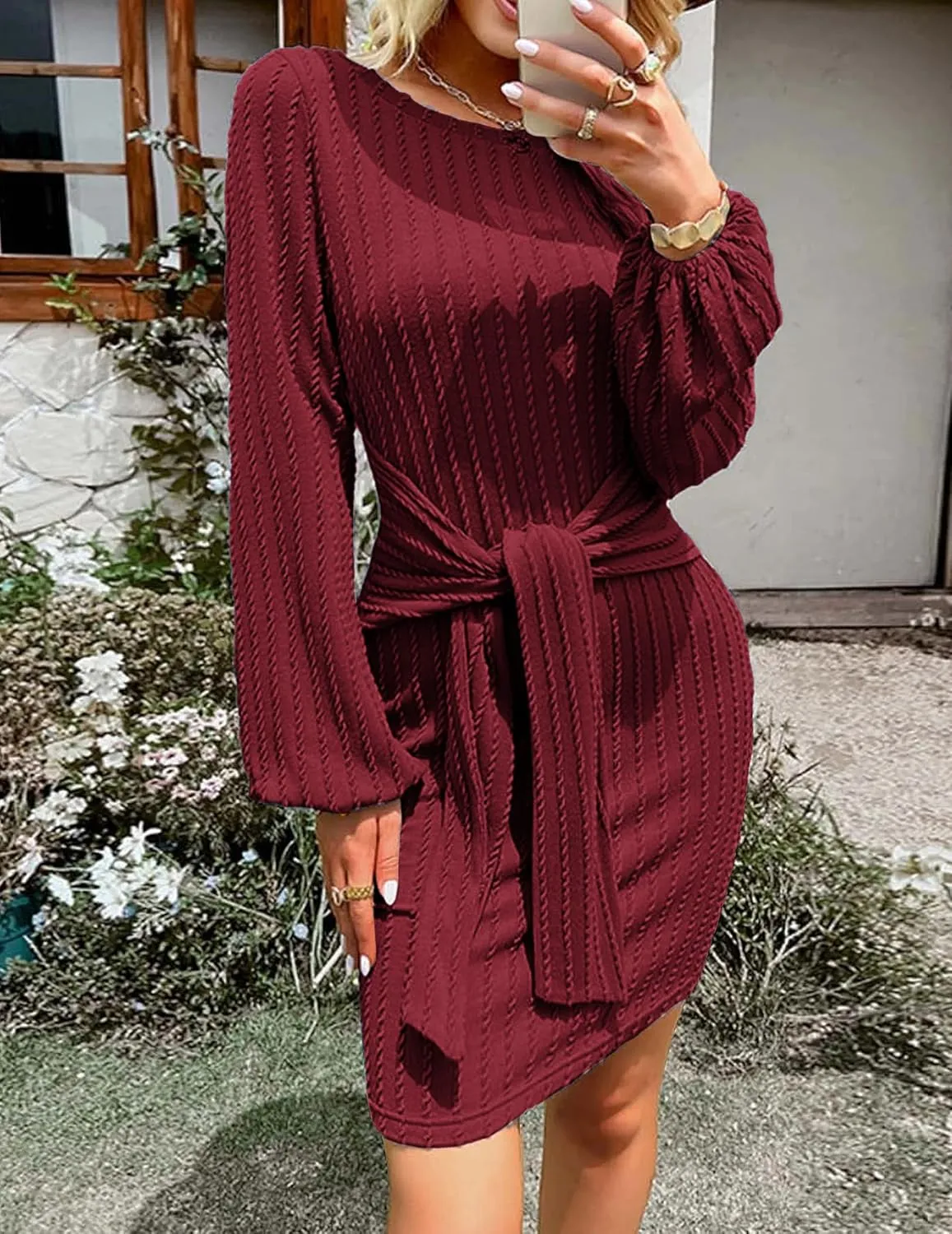 Zeagoo Women's Casual Knit Dress Fall Long Sleeve Bodycon Dress Crewneck Tie Waist Rib Knitted Sweater Dresses