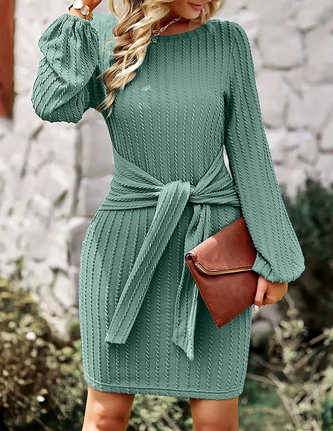 Zeagoo Women's Casual Knit Dress Fall Long Sleeve Bodycon Dress Crewneck Tie Waist Rib Knitted Sweater Dresses