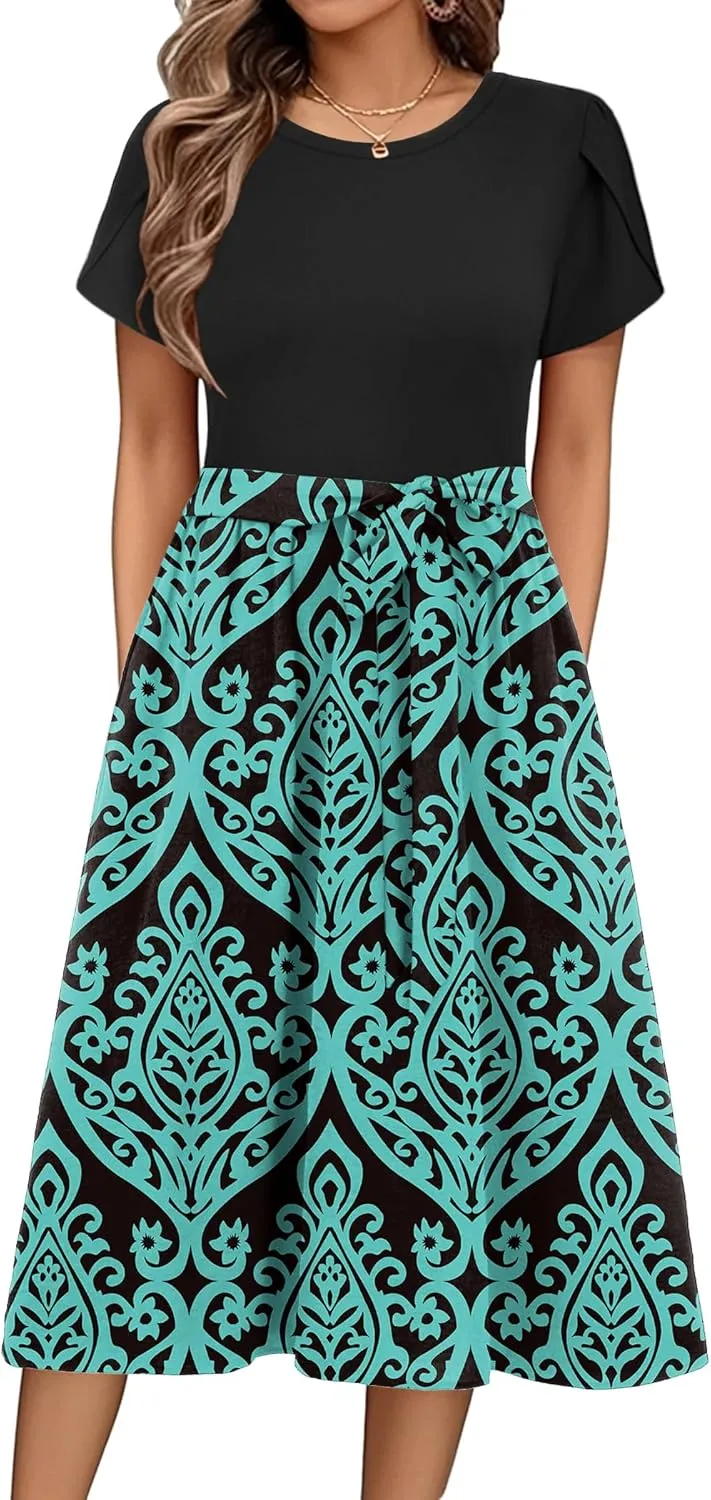 Zeagoo Womens Midi Dress Summer Short Sleeve Dress with Pockets 2025 Casual Floral T-Shirt Dress Flowy Beach Sundress
