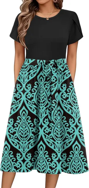 Zeagoo Womens Midi Dress Summer Short Sleeve Dress with Pockets 2025 Casual Floral T-Shirt Dress Flowy Beach Sundress