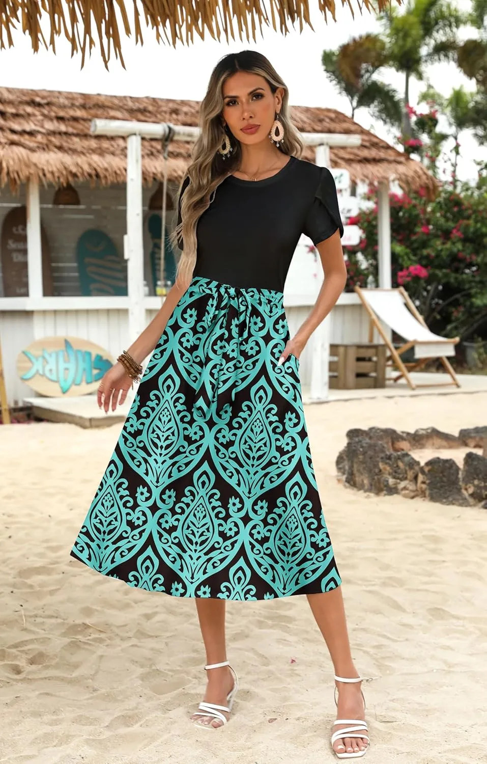 Zeagoo Womens Midi Dress Summer Short Sleeve Dress with Pockets 2025 Casual Floral T-Shirt Dress Flowy Beach Sundress