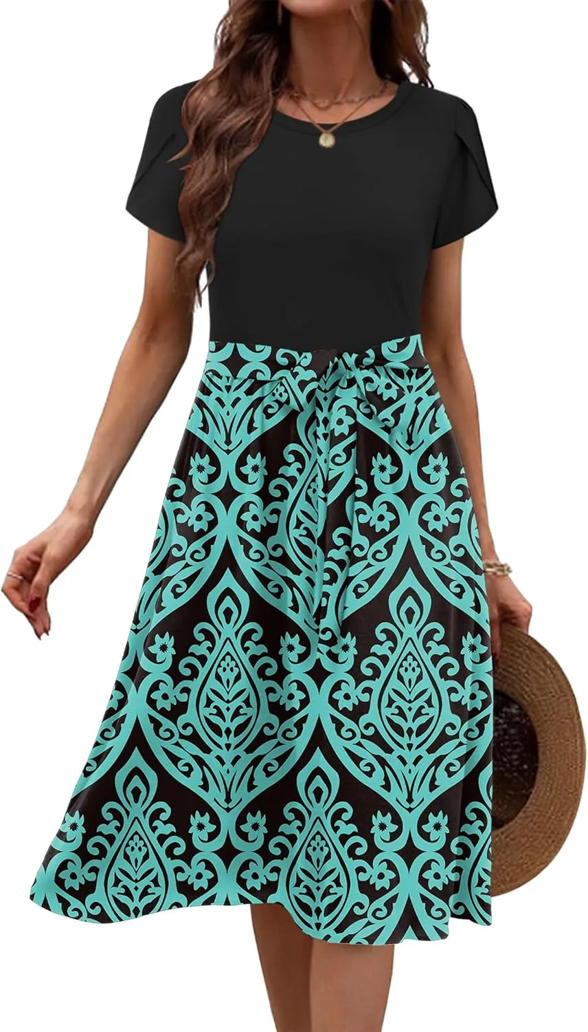 Zeagoo Womens Midi Dress Summer Short Sleeve Dress with Pockets 2025 Casual Floral T-Shirt Dress Flowy Beach Sundress