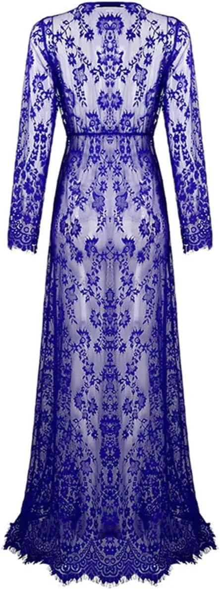 ZIUMUDY Sexy Deep V-Neck Long Sleeve Lace Beach See-Through Maternity Maxi Dress