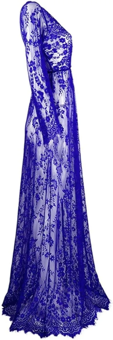 ZIUMUDY Sexy Deep V-Neck Long Sleeve Lace Beach See-Through Maternity Maxi Dress