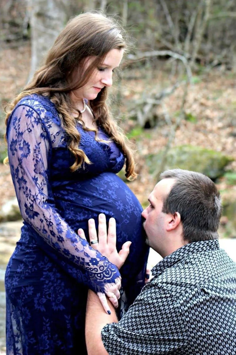ZIUMUDY Sexy Deep V-Neck Long Sleeve Lace Beach See-Through Maternity Maxi Dress