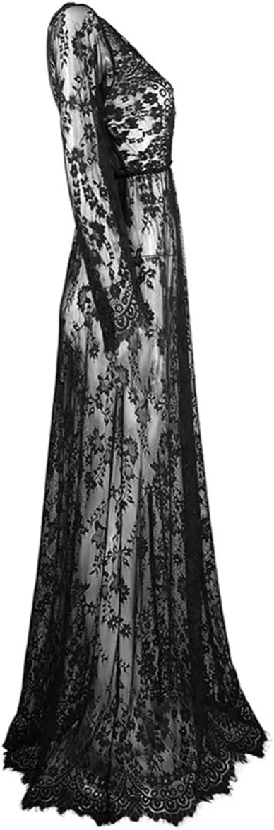 ZIUMUDY Sexy Deep V-Neck Long Sleeve Lace Beach See-Through Maternity Maxi Dress