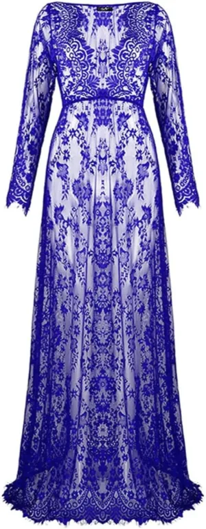 ZIUMUDY Sexy Deep V-Neck Long Sleeve Lace Beach See-Through Maternity Maxi Dress