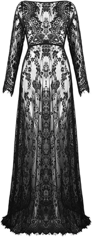 ZIUMUDY Sexy Deep V-Neck Long Sleeve Lace Beach See-Through Maternity Maxi Dress