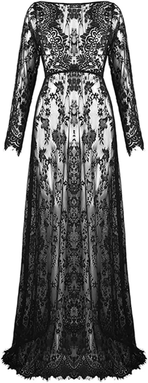 ZIUMUDY Sexy Deep V-Neck Long Sleeve Lace Beach See-Through Maternity Maxi Dress