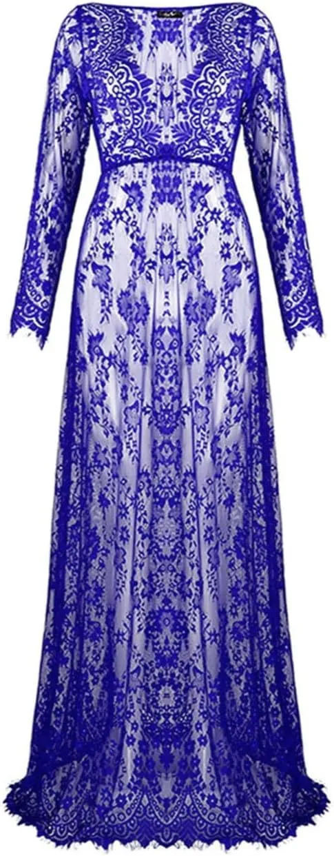 ZIUMUDY Sexy Deep V-Neck Long Sleeve Lace Beach See-Through Maternity Maxi Dress