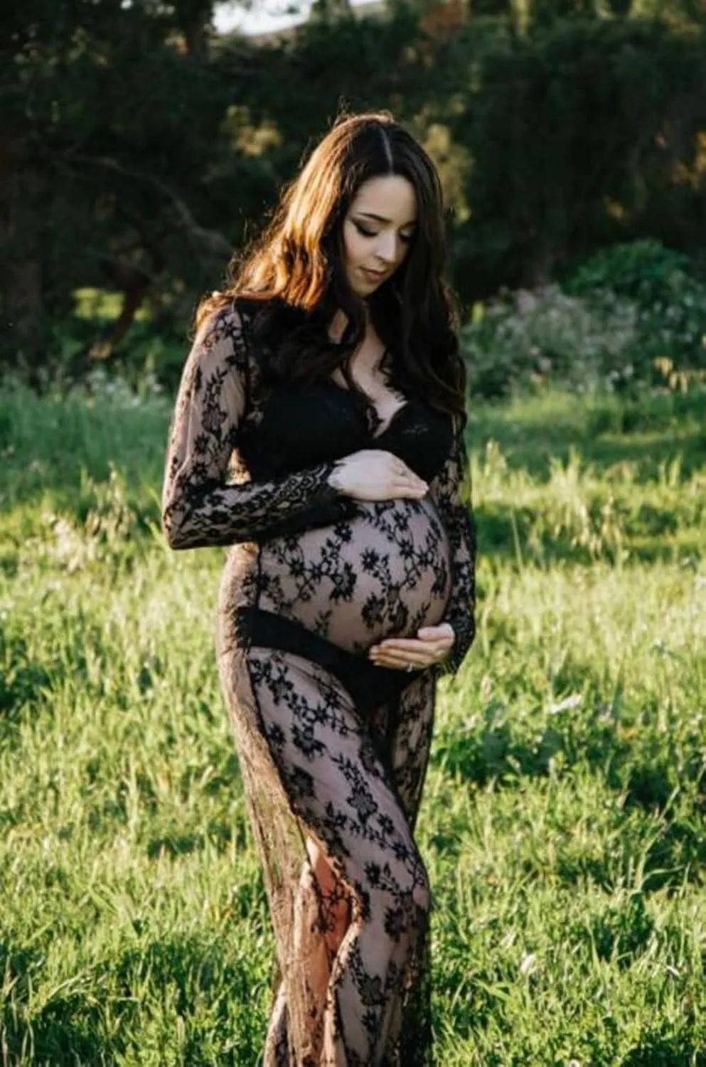 ZIUMUDY Sexy Deep V-Neck Long Sleeve Lace Beach See-Through Maternity Maxi Dress
