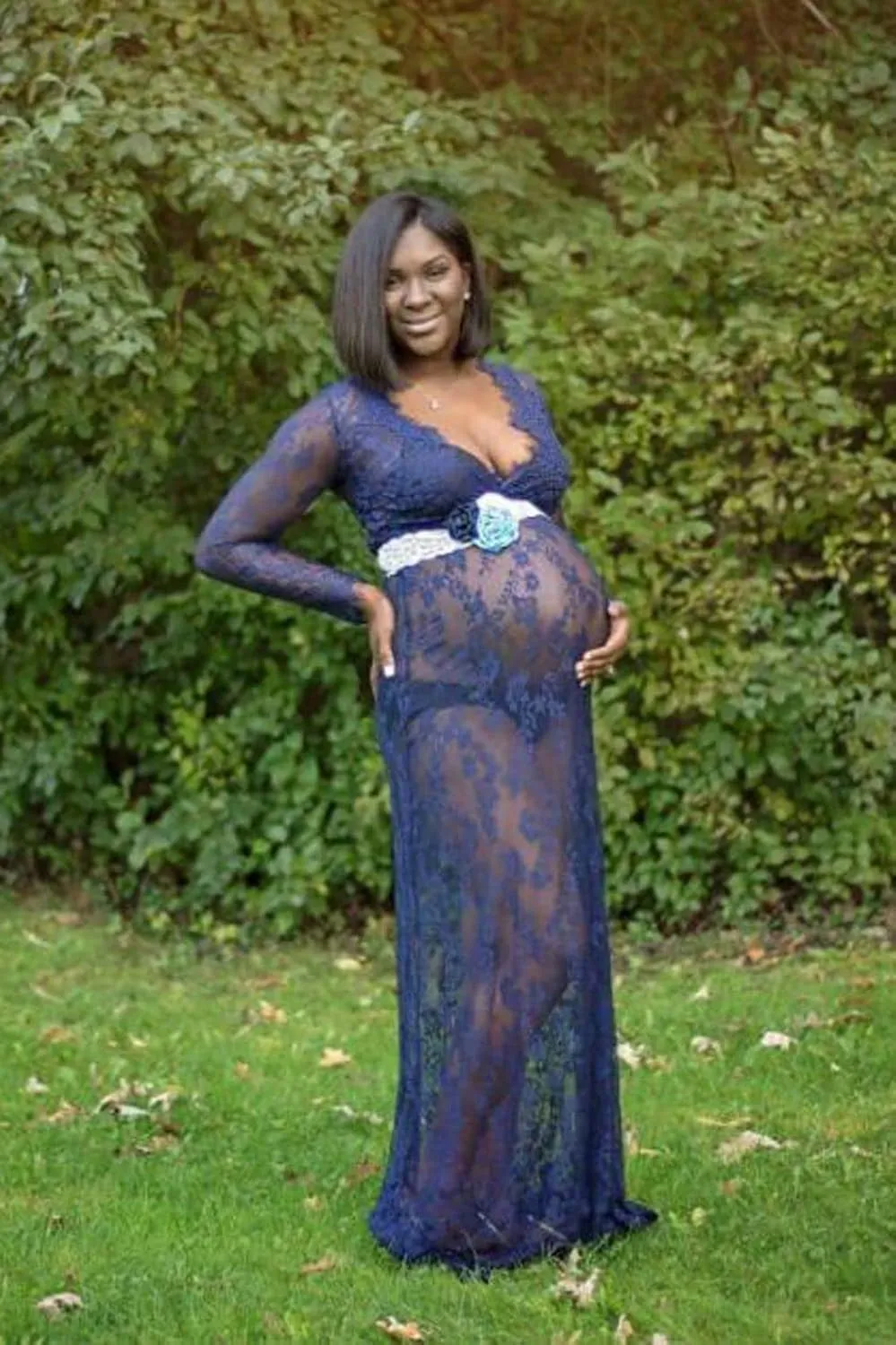ZIUMUDY Sexy Deep V-Neck Long Sleeve Lace Beach See-Through Maternity Maxi Dress