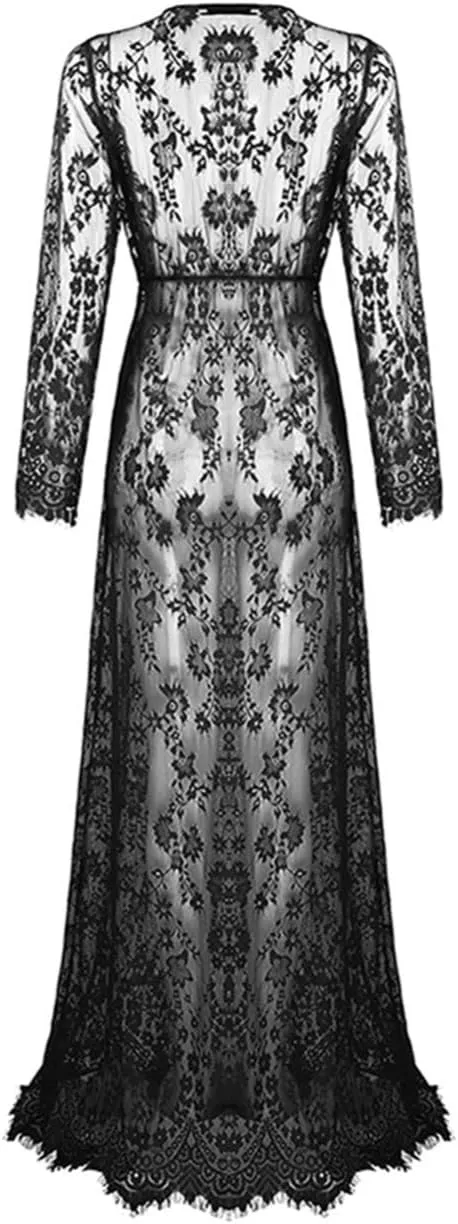 ZIUMUDY Sexy Deep V-Neck Long Sleeve Lace Beach See-Through Maternity Maxi Dress